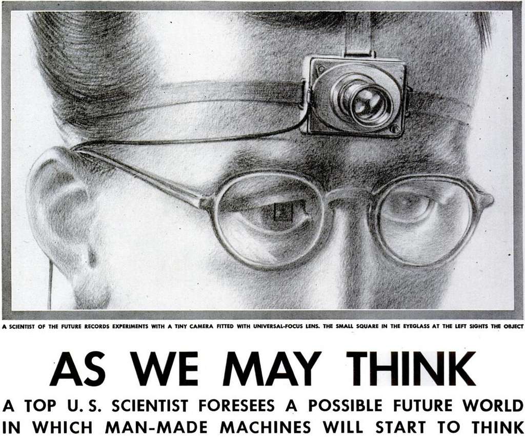A scientist of the future records experiments with a tiny camera fitted with a universal-focus lens. The small square in the eyeglass at the left sights the object.