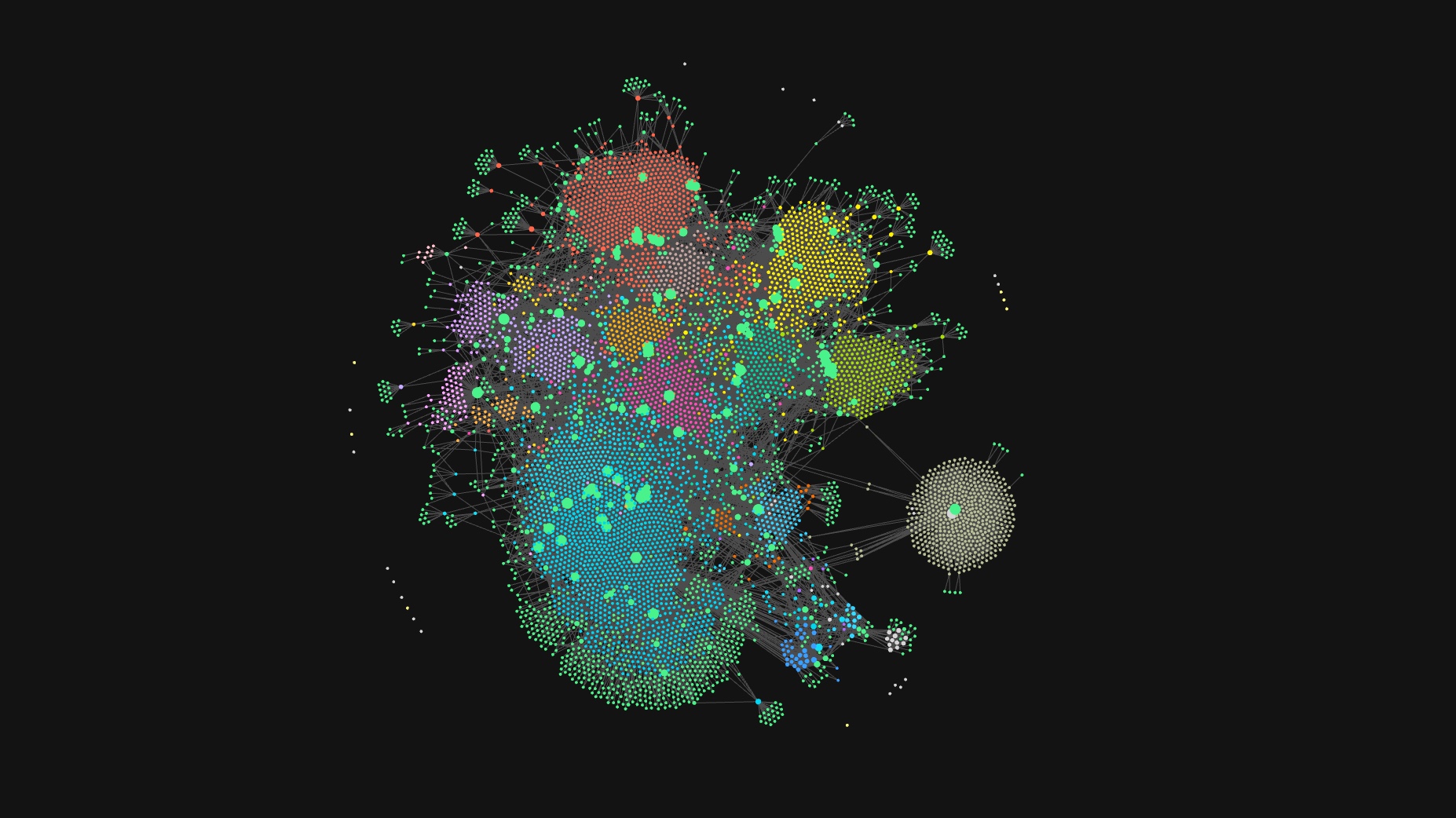 Graph view of an Obsidian vault — coloured clusters of interlinked notes against a black background, with a smaller satellite cluster on the right.