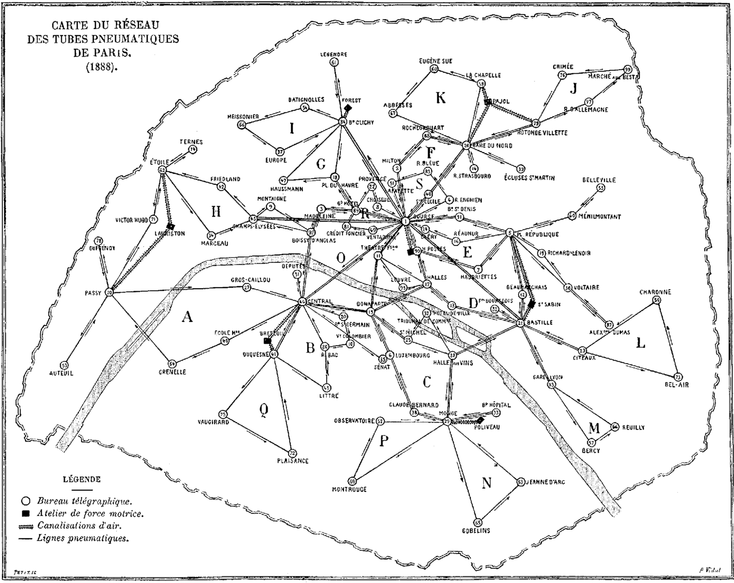 1888 schematic map of the Paris pneumatic tube network — numbered telegraph offices and lettered zones connected by hairlines representing pressurised air channels, with arrows marking the direction of flow.