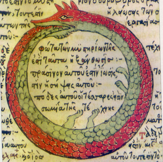 A serpent eating its own tail drawn in an illuminated alchemical manuscript. The body forms a closed ring; the inscription inside the loop reads 'ἓν τὸ πᾶν' — 'one is all'.